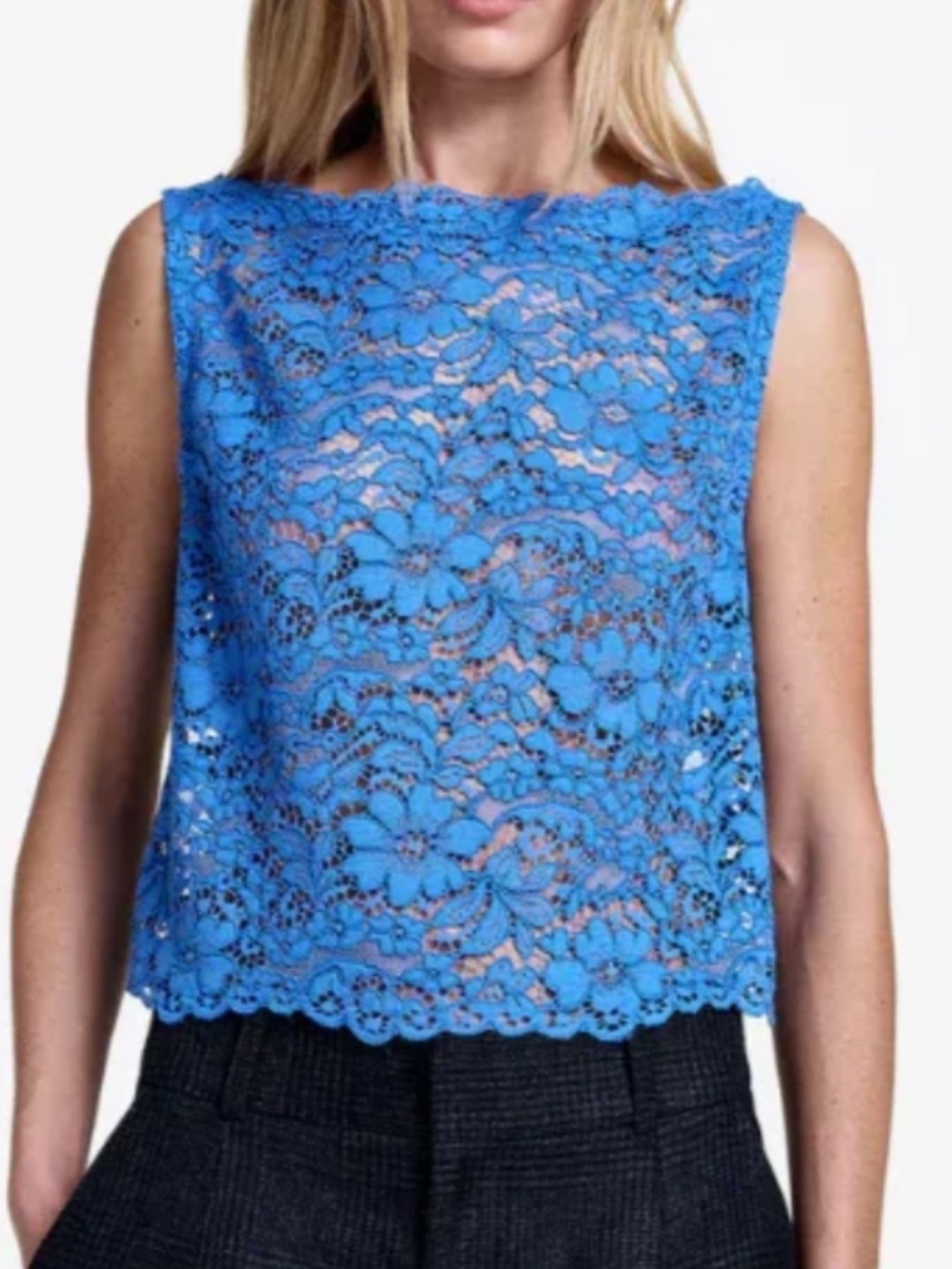 Smythe Sz M blouse Scallop Lace Shell Top Blue Sleeveless Floral Classic Preppy